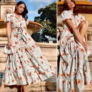 *RARE* MISA Los Angeles Tiered Daydream Blue Floral Maxi Dress – Large
